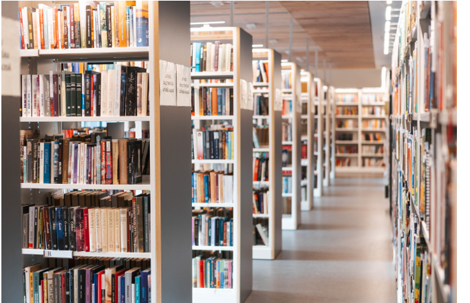 Rindās izkārtoti bibliotēkas grāmatu plaukti.