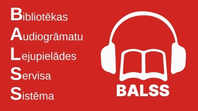 Bibliotēkas Audiogrāmatu Lejupielādes Servisa Sistēma. Logotipā attēlota grāmata austiņās uz sarkana fona