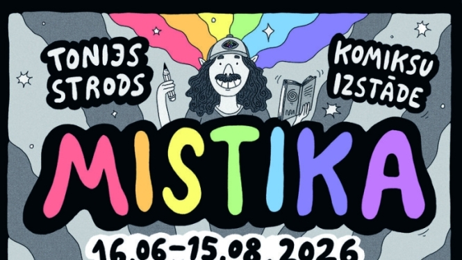 Plakāts Tonija Stroda komiksu izstādei "Mistika", kas norisinās Jūrmalas Centrālās bibliotēkas Bērnu un jauniešu nodaļā no 16.06. līdz 15.08.2026.