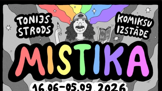 Plakāts Tonija Stroda komiksu izstādei "Mistika", kas norisinās Jūrmalas Centrālās bibliotēkas Bērnu un jauniešu nodaļā no 16.06. līdz 05.09.2026.