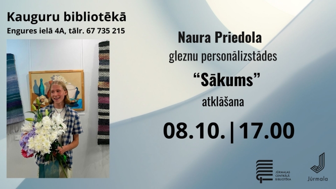 Pasākuma afiša: Naura Priedola gleznu personālizstādes „Sākums” atklāšana Kauguru bibliotēkā 8. oktobrī plkst. 17.00