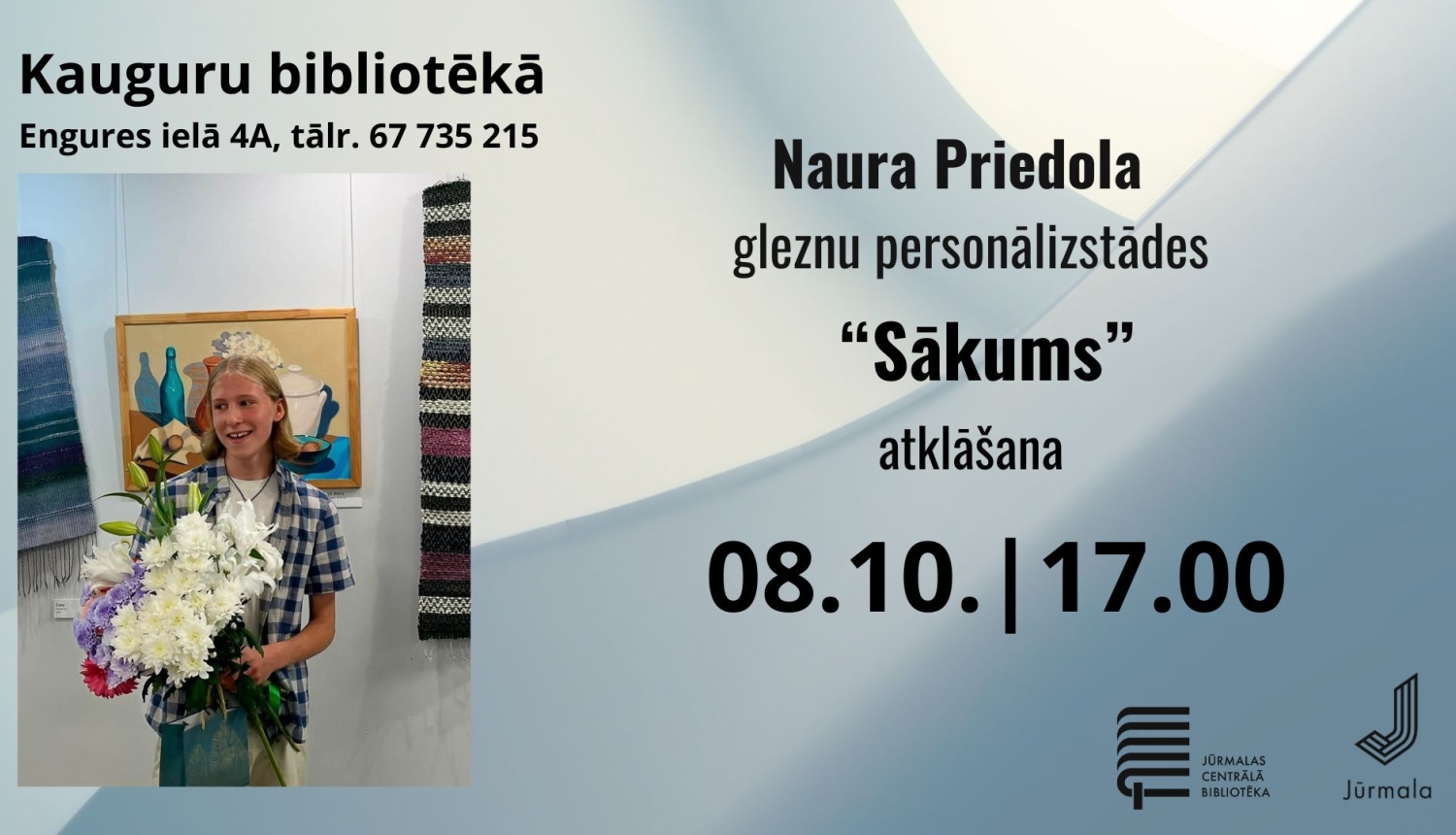 Pasākuma afiša: Naura Priedola gleznu personālizstādes „Sākums” atklāšana Kauguru bibliotēkā 8. oktobrī plkst. 17.00
