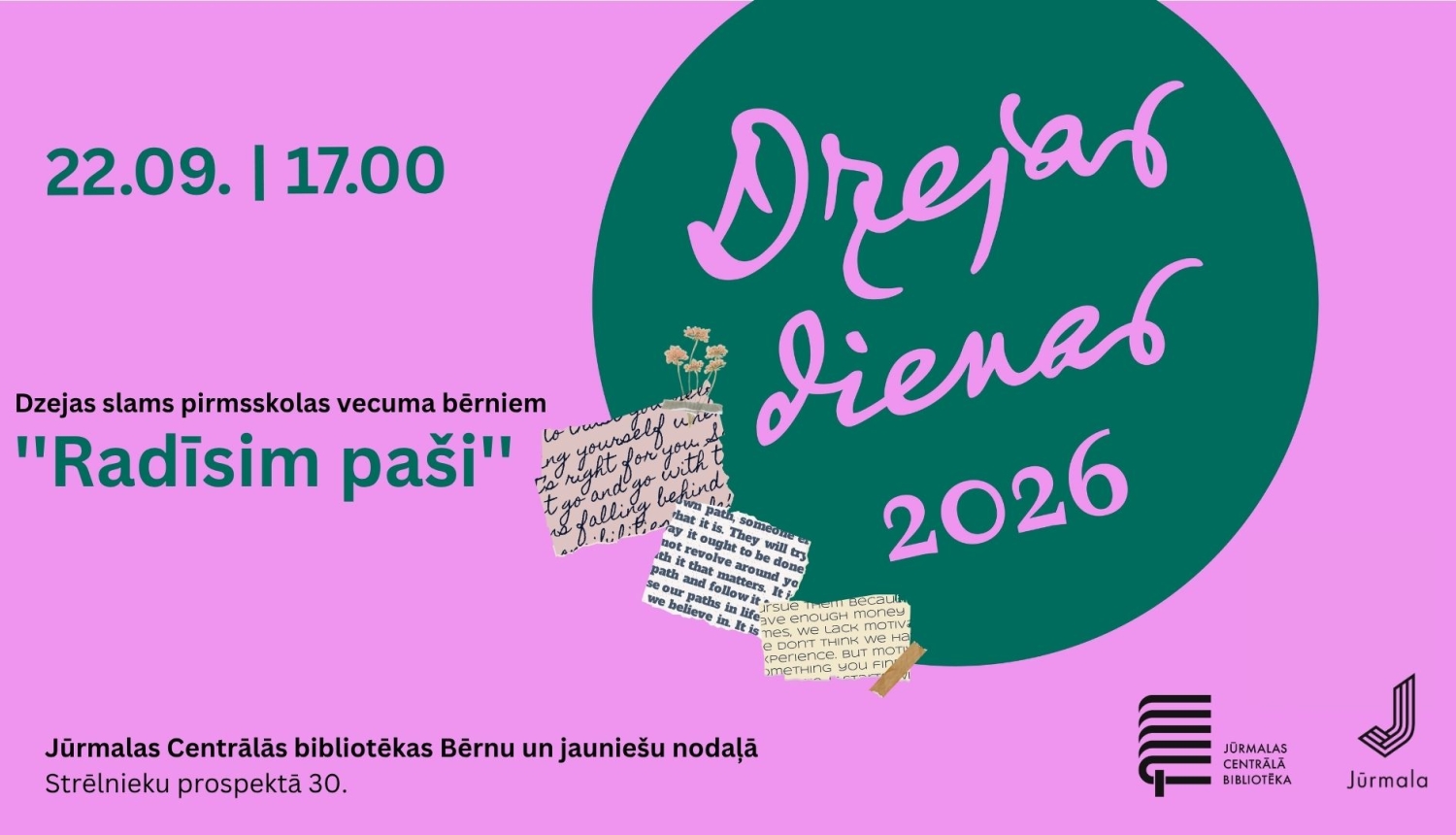 Pasākuma „Dzejas dienas 2026” plakāts — dzejas slams pirmsskolas vecuma bērniem „Radīsim paši” 22. septembrī plkst. 17.00 Jūrmalas Centrālās bibliotēkas Bērnu un jauniešu nodaļā